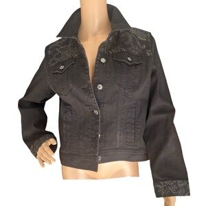 Chico’s Platinum Denim Black Jean Jacket Size 1 M | Rhinestone Stud Embellished